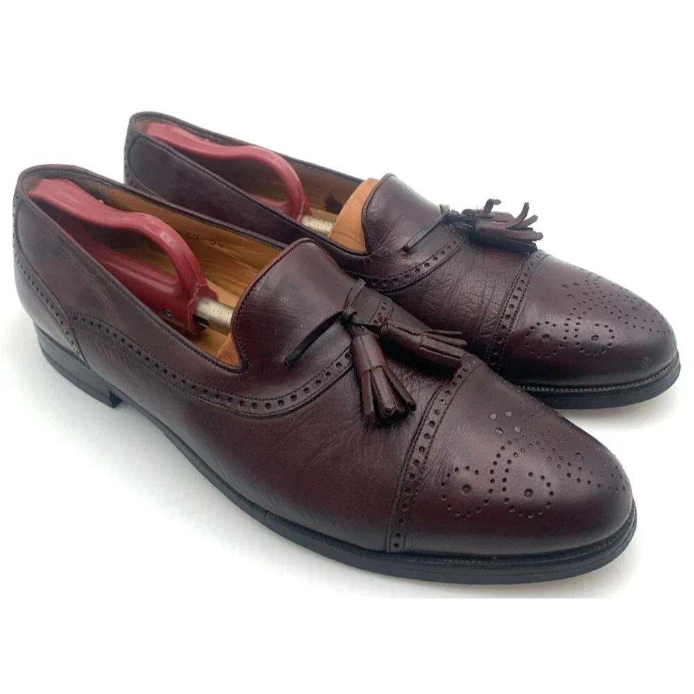 Mezlan Havana Burgundy Leather Tassel Cap Toe Slip On Loafer Shoes Men's SZ 9.5B